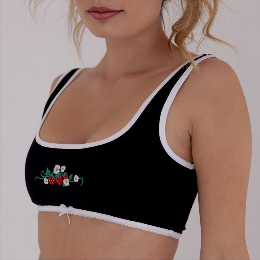 KITTENY Vikki Bralette Black Small Cotton Strawberry Embroidered